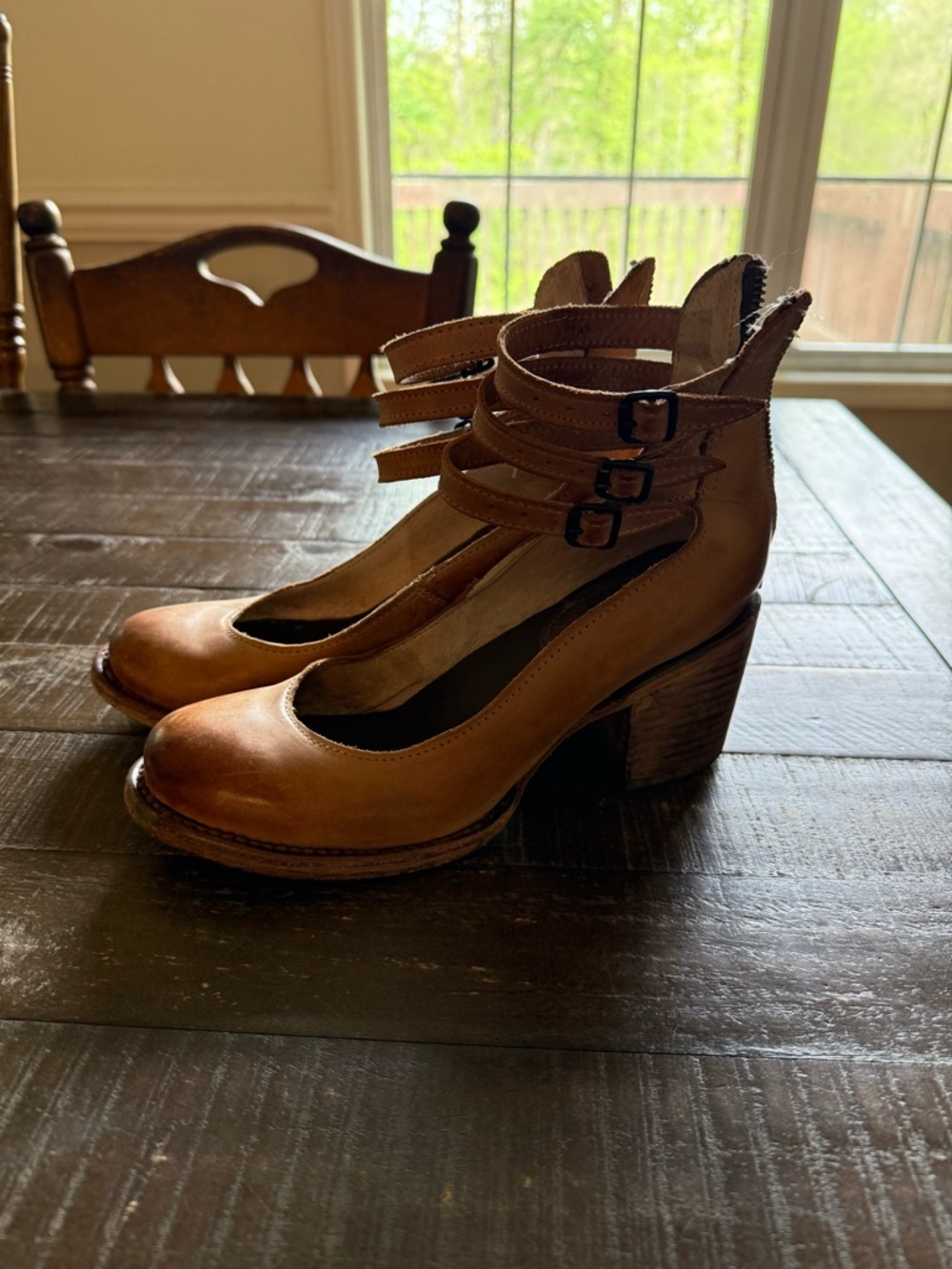 Freebird by Steven Cognac Triple-Strap Block Heel Booties